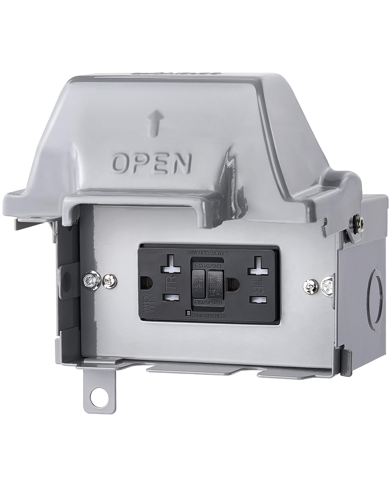 suraielec outdoor outlet box waterproof, 20 amp wrtr gfci receptacles, rainproof 3r enclosure, horizontal use, all metal electrical power box for backyard, outdoor lighting