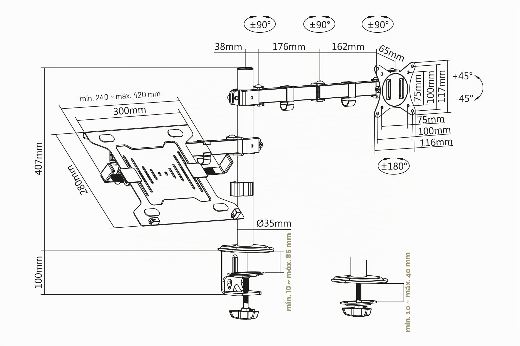 DIGITUS Soporte de Monitor y Portátil - Sobremesa - 1 Monitor - Hasta 32 Pulgadas - VESA 75x75, 100x100 - Negro | Hasta 32 pulgadas – Brazo para monitor con capacidad de carga de 8 kg – VESA 75x75, 100x100 – Negro