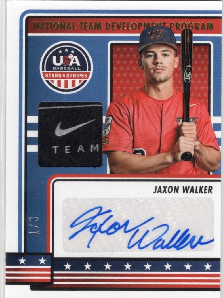 Jaxon Walker Autographed & RARE Serial Numbered #01/03 Laundry Tag USA National Team Development Program Collectible Baseball Card- 2023 Panini USA Stars and Stripes Baseball Card #NTDP-JW-JD (National Team Development Program)