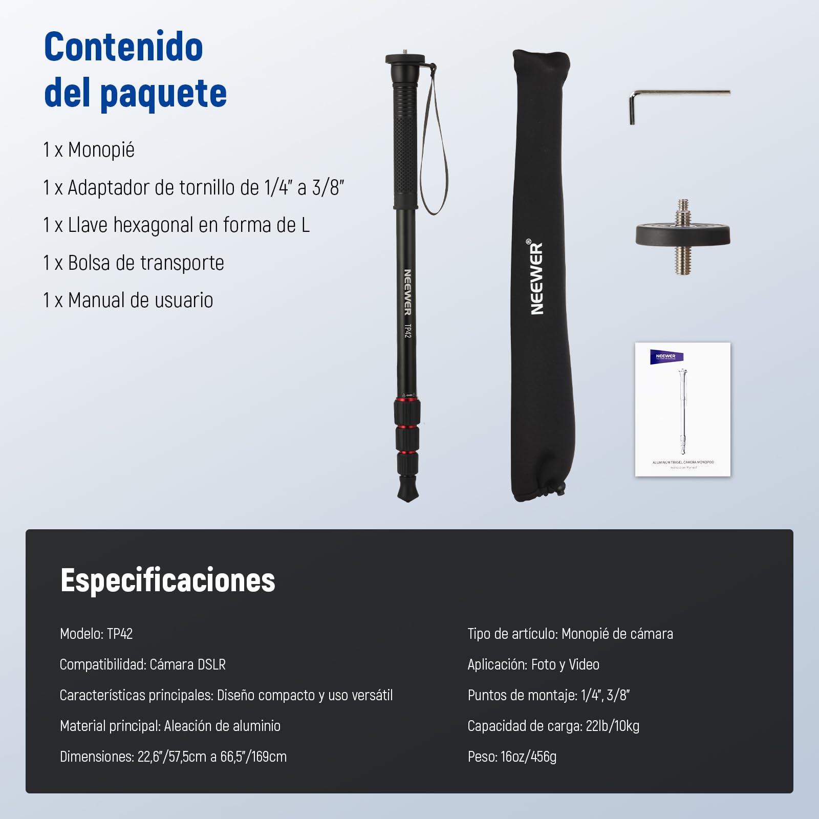 NEEWER 66,5" Monopié Cámara, Ligero Monopié Viaje Aluminio para Videocámaras DSLR, Fotografía y Grabación, Adaptador de Rosca de 1/4" y 3/8", Palo Selfie de Trekking, Carga Máxima de 10kg, TP42