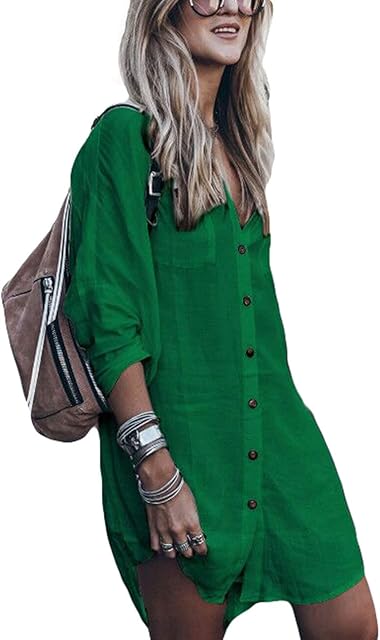 Bsubseach Women Loose Long Sleeve Swimsuit Cover Ups Button Down Beach Shirt