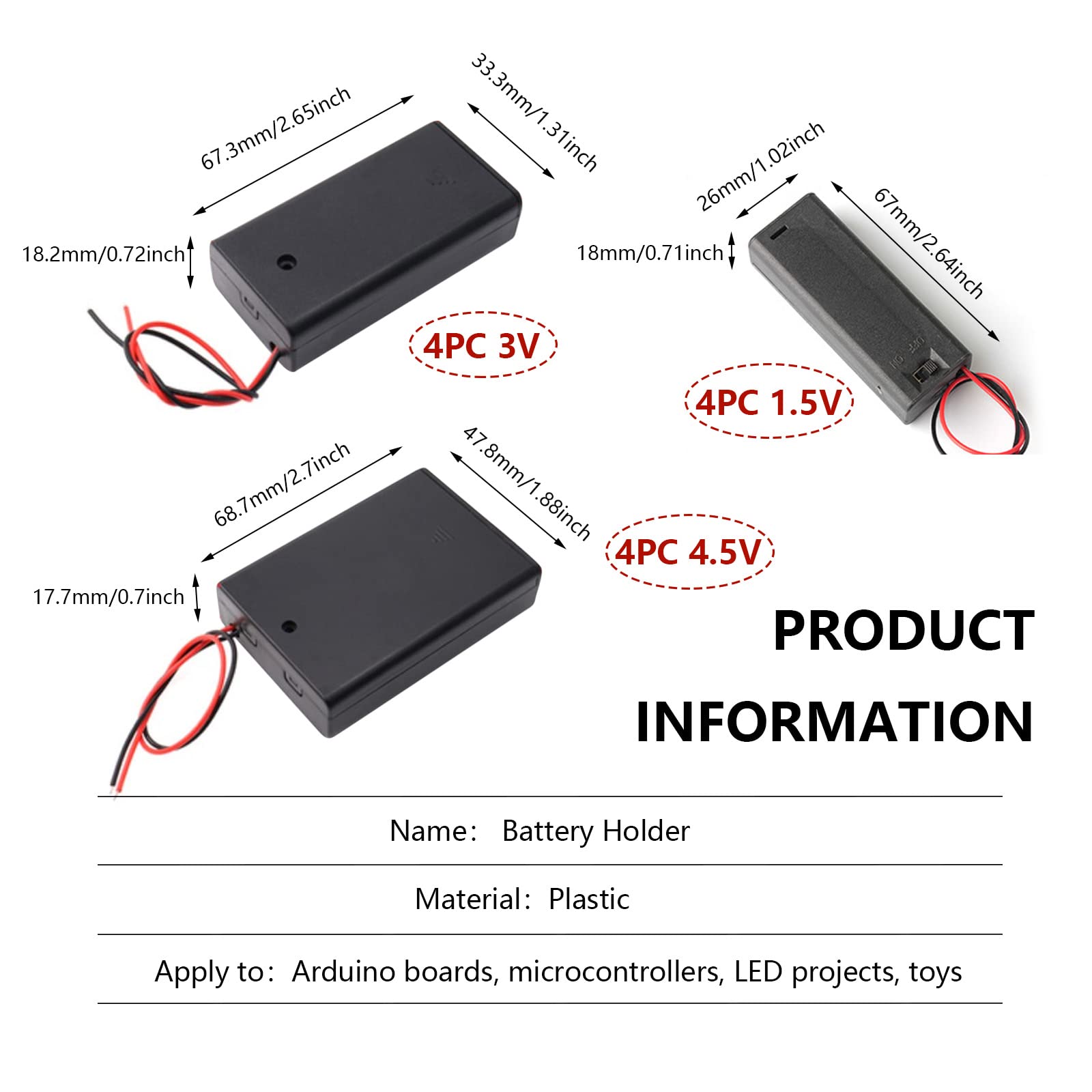 Custodia Portabatterie in Plastica 1,5V-4,5V con Interruttore On/Off e Cavo, 12 Pezzi