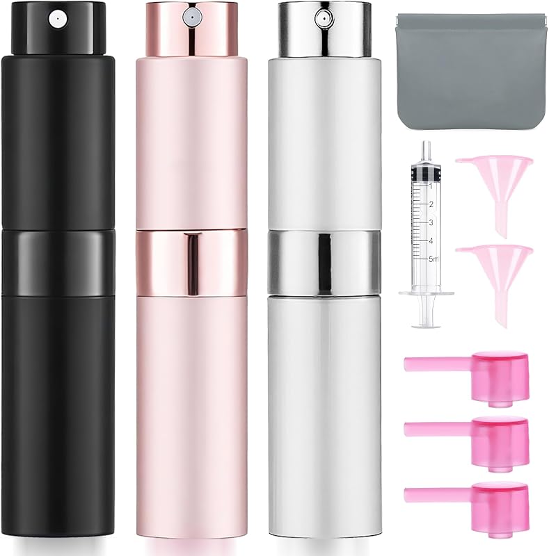 DPLASKA Conjunto com 3 frascos atomizadores recarregáveis para perfume, 8 mL, Preto, Rosa e Prata