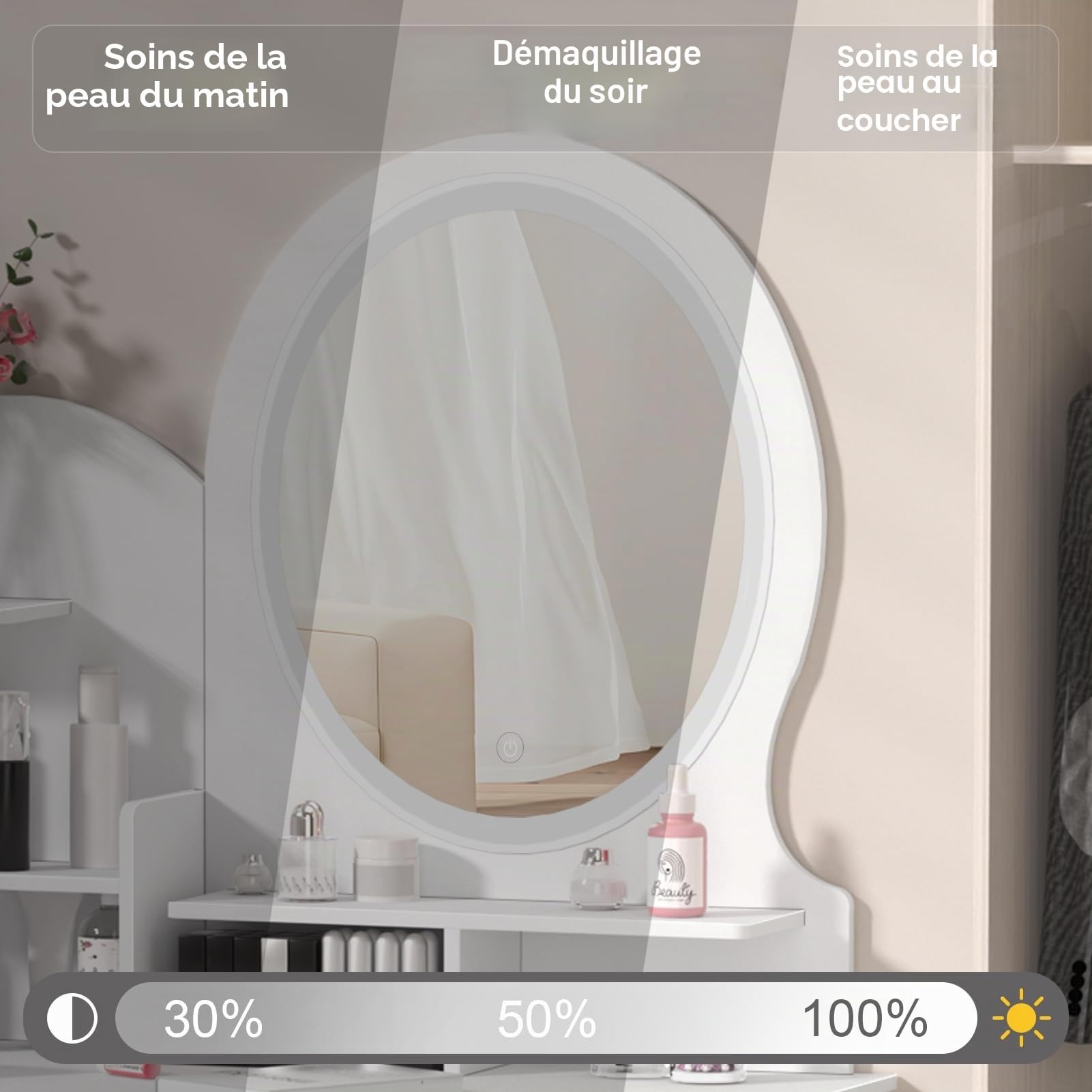 Coiffeuse avec miroir, table de maquillage avec éclairage LED, 4 tiroirs et étagères de rangement, table de maquillage blanche moderne pour la chambre, coiffeuse avec tabouret blanc