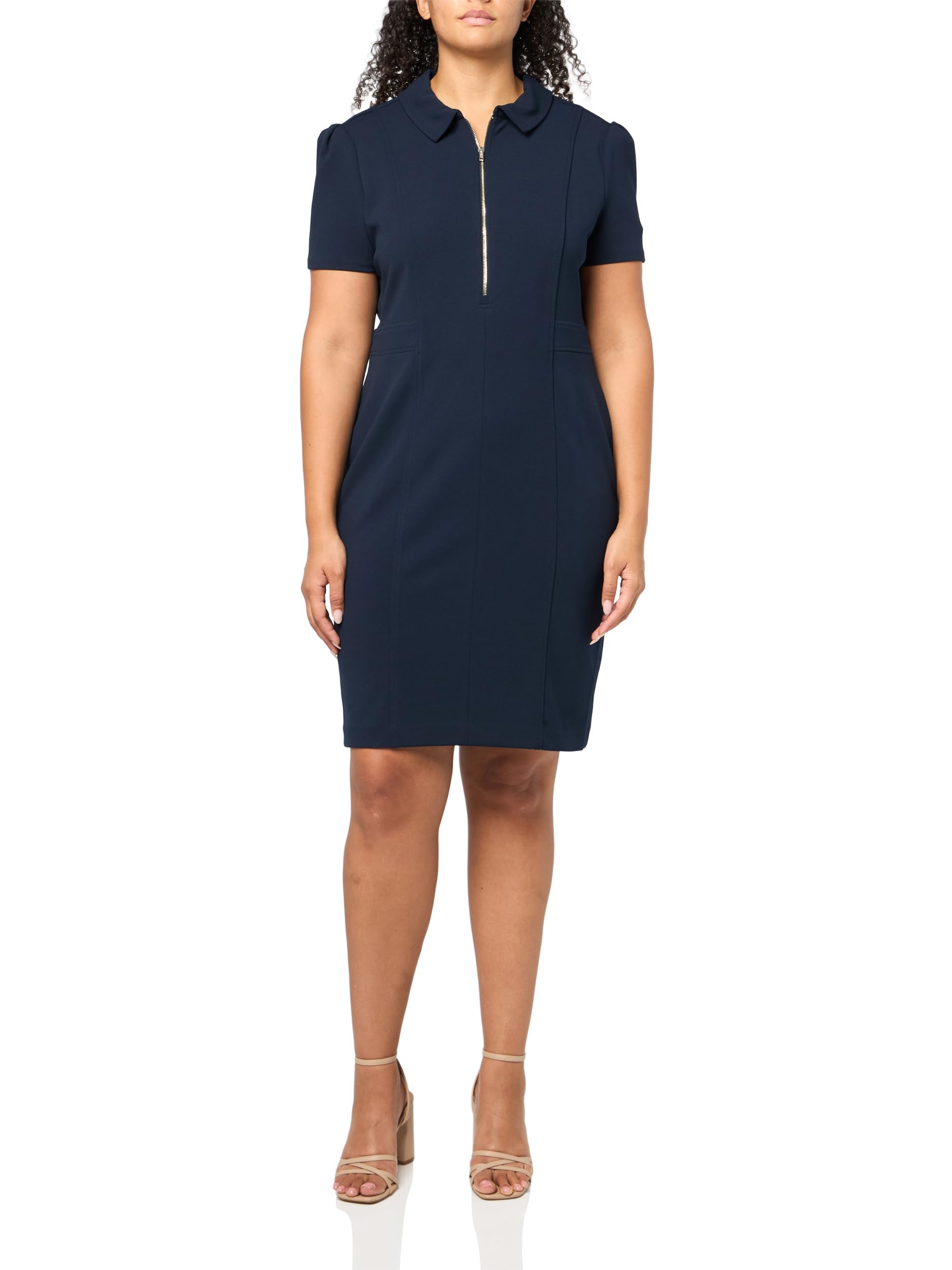 Women's Short Sleeve Collared Zipper Front Scuba Crepe Sheath Dress