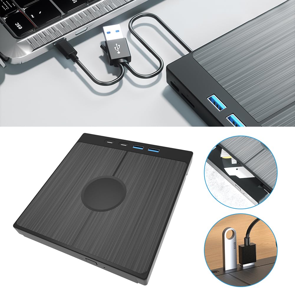 Unidad de CD/DVD Externa portátil con Doble USB/Tipo C, Ranuras SD/TF, Transferencia de Datos de Alta Velocidad para PC