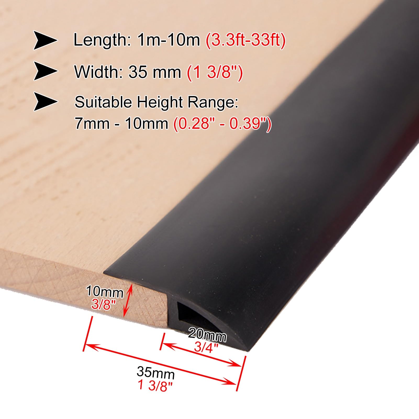 3.3ft Self-Adhesive Carpet Floor Transition Strip – 1.38 Inch Wide, Flexible PVC Threshold For Height Differences Up To 10mm, Black