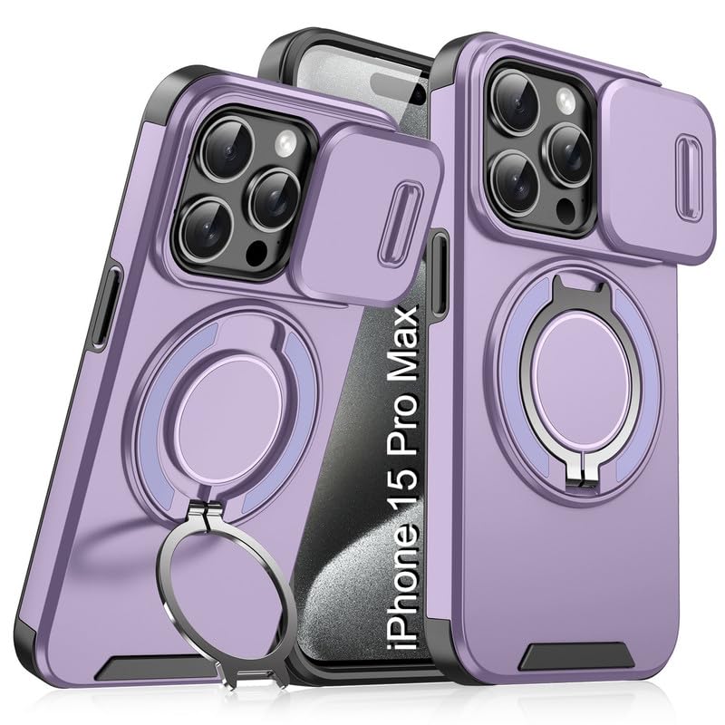 Image of LuxuryKase Shockproof Rugged Case for iPhone 15 Pro Max | Slide Camera Cover | 360 Rotating Ring Kickstand | Military-Grade Protection - Lavender Purple