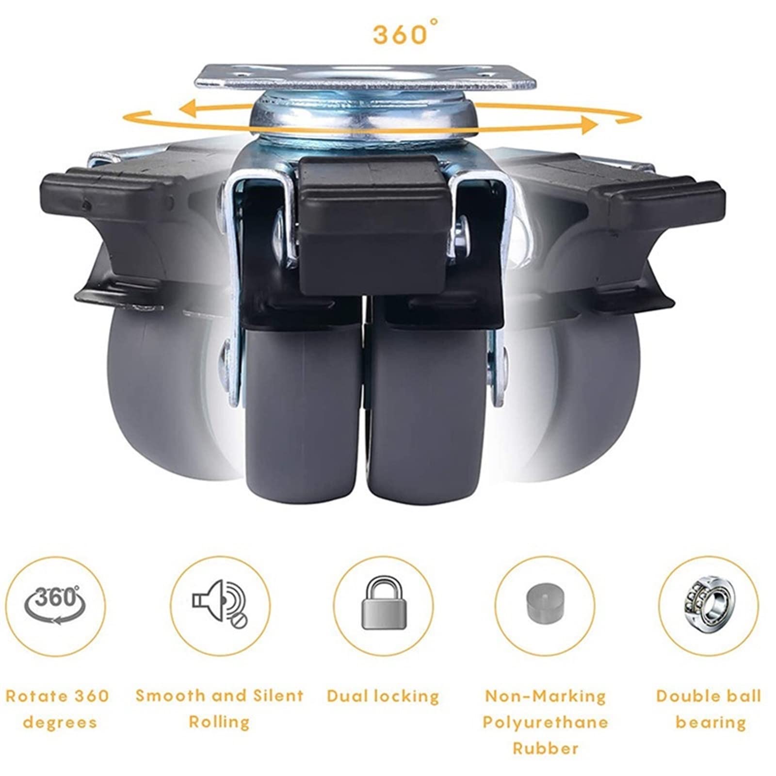 4 kółka Casters 2 cale Heavy Duty Swivel miękka gumowa hulajnoga z hamulcem (4 szt. bez hamulca)