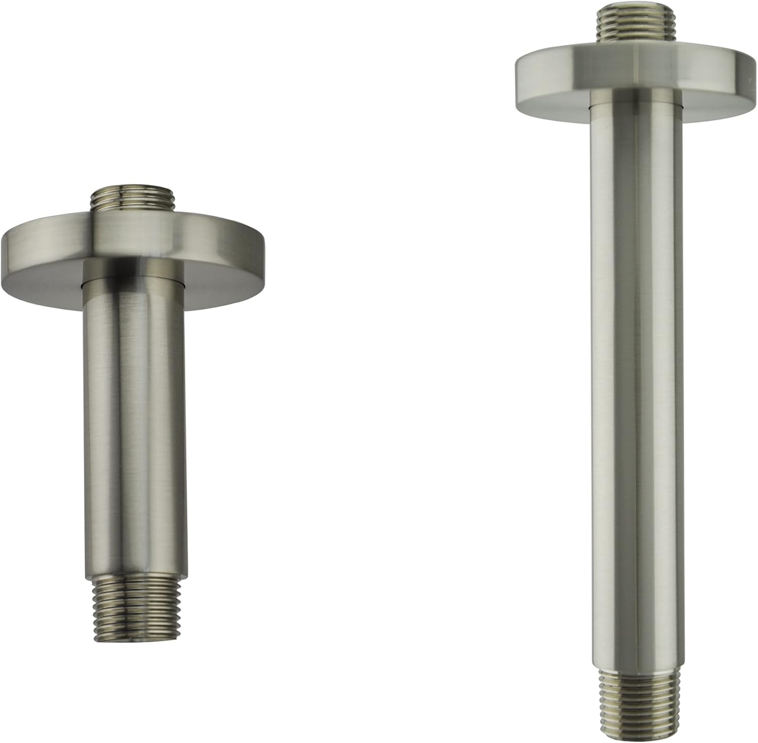 Aquaiaw Shower Arms Bundle, 3 inch Ceiling Mount Shower Arm and 6 inch Ceiling Mount Shower Arm, Both by Heavy-Duty Solid Brass, Round, PVD Brushed Nickel, Both with Flange, Tapered 1/2 NPT Threads