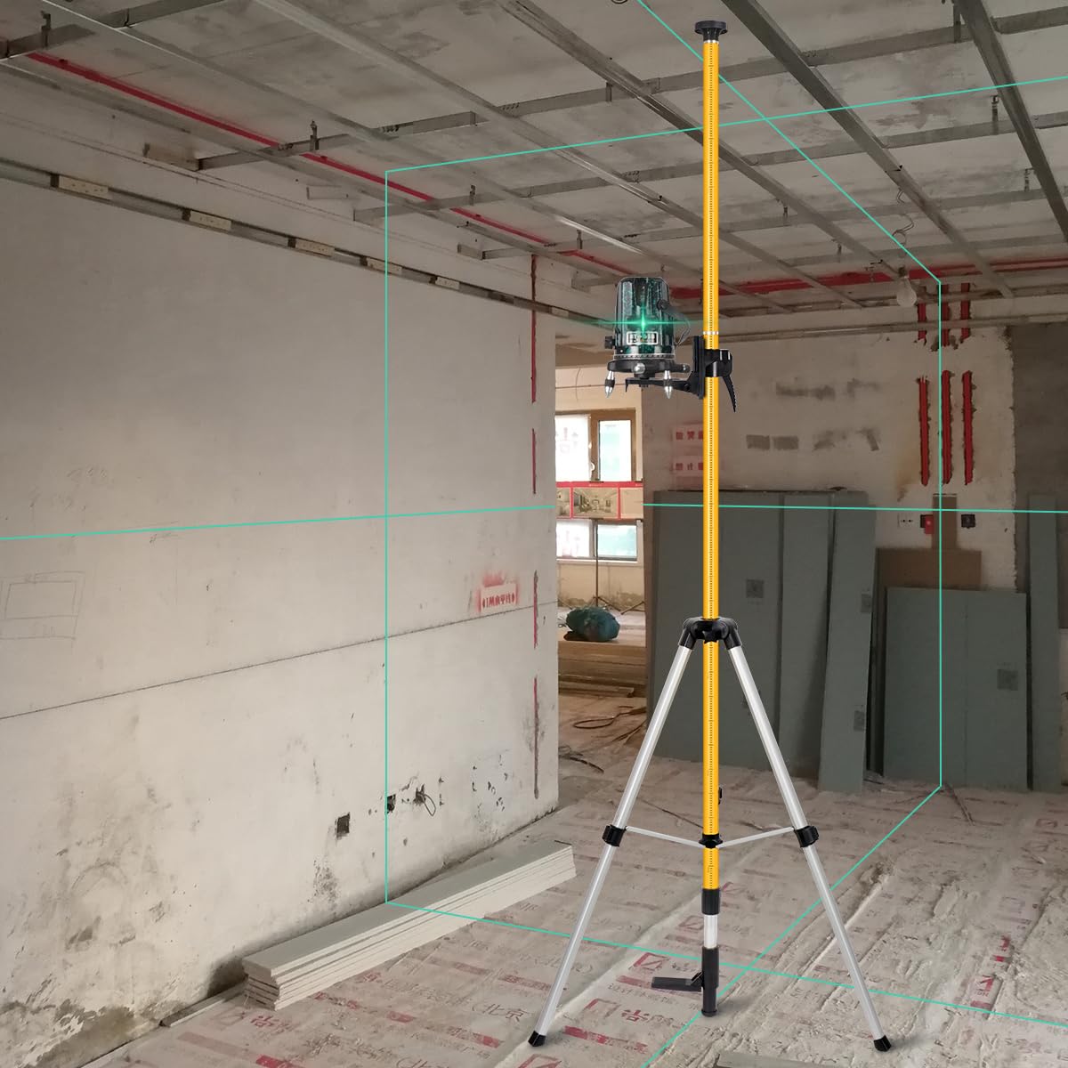 Asta per Livella Laser, Asta Telescopica da 4,8M con Treppiede, Asta di Supporto per Livella Laser per Livelle Laser Rotative e Laser a Linea, Filettatura 1/4"-20, Adattatore 5/8"-11