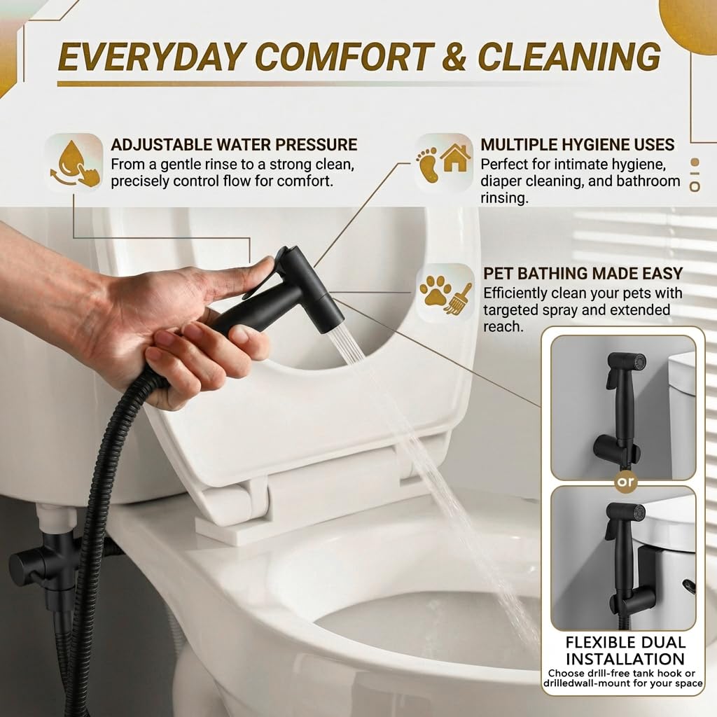 BARROCK - Rociador de bidé de mano para inodoro, de acero inoxidable, kit para limpiar pañales de tela, set de bidé para baño, limpieza de mascotas e higiene íntima, negro mate