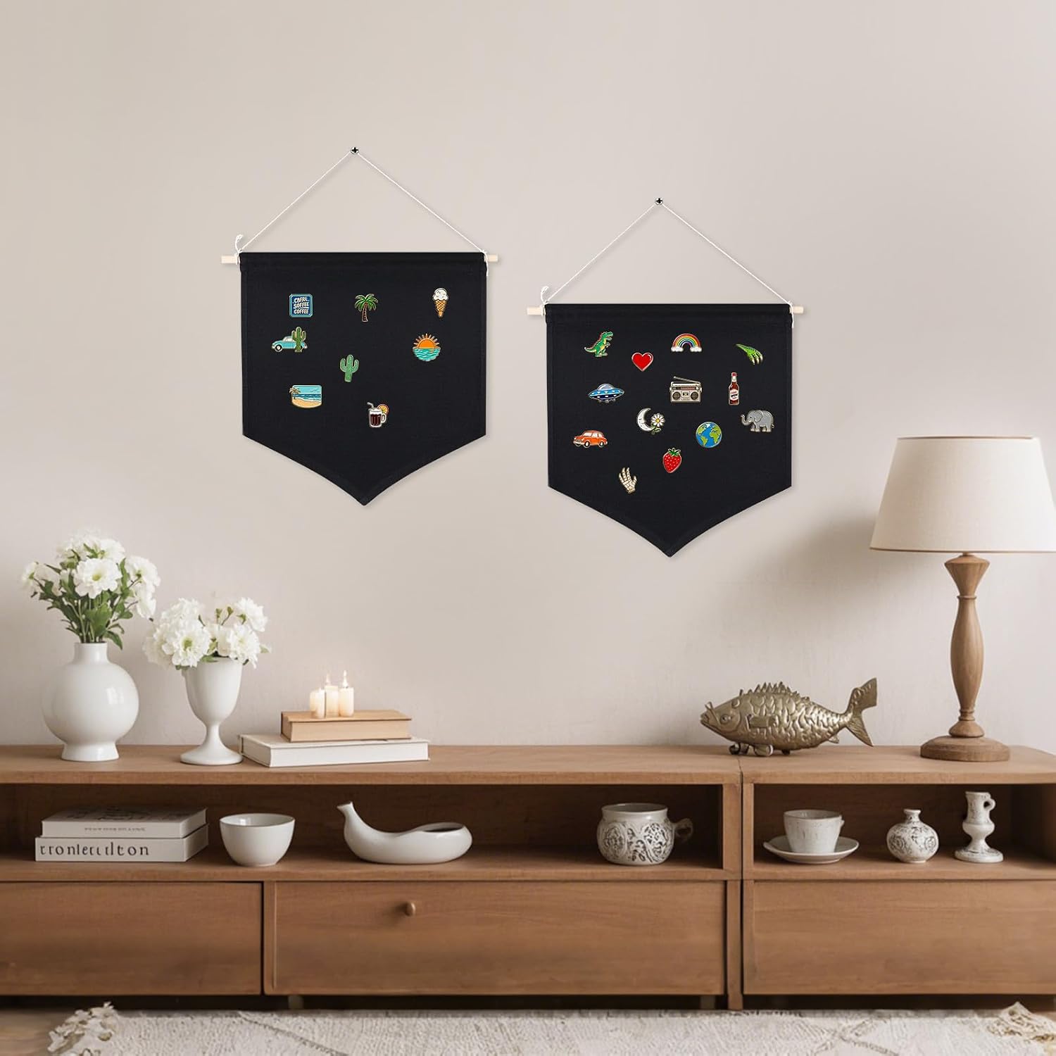 4 PCS Canvas Banners Wall Hanging Brooch Jewelry Storage Case Stand Enamel Pin Display, Sublimation blank Banner,Holder Earrings Necklace Pin Collection Organizer (30x36 black Banners*4pcs) image 2