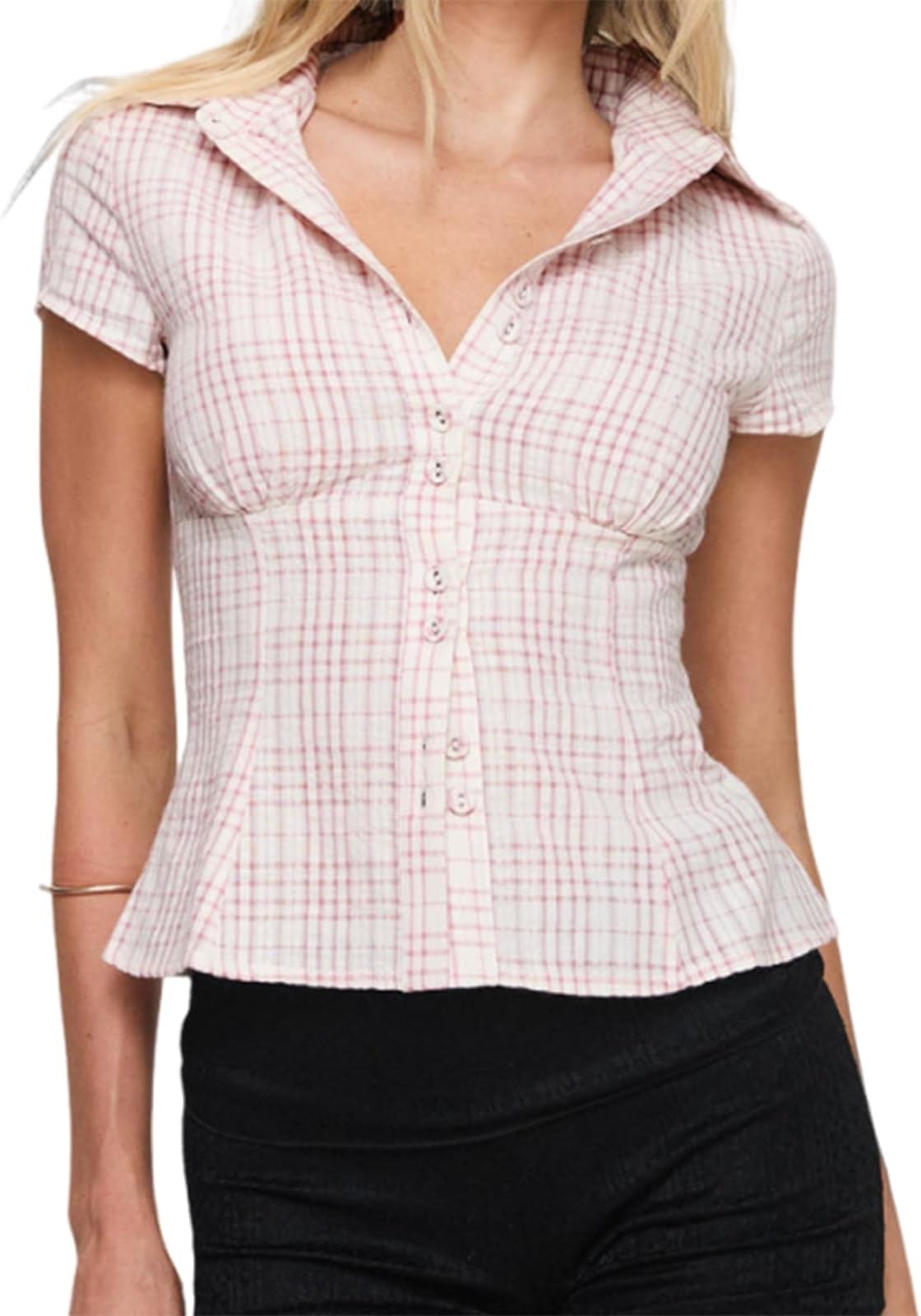 Women's Plaid Shirt Button-up Short/Long Sleeve Collared Slim Fit Casual Summer Blouse Tops