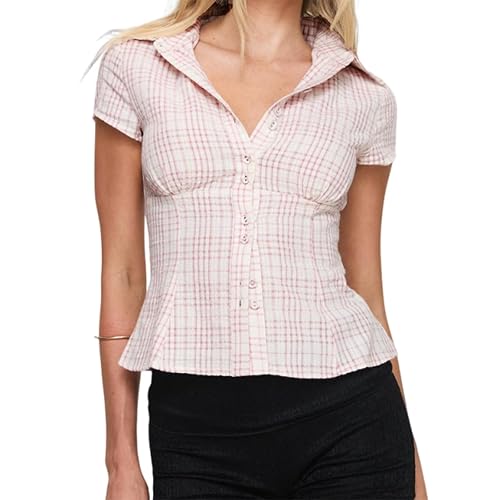 Women's Plaid Button Down Shirt Y2K Short Sleeve Vintage Blouse Top
