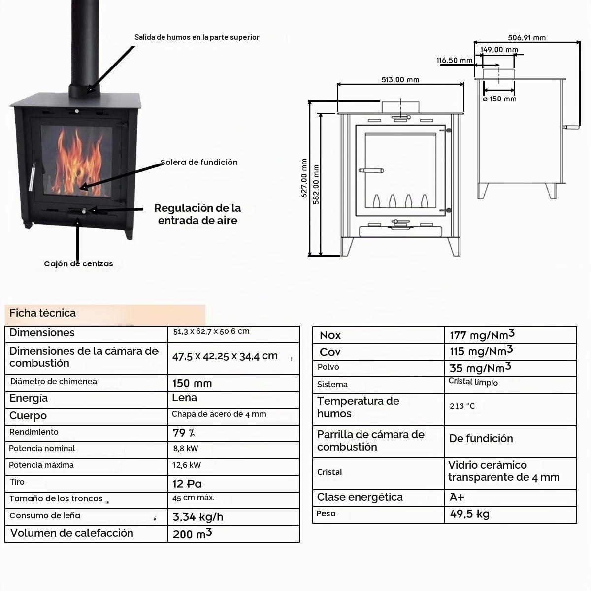 SOLARIS Estufa de leña de acumulación 8,8-12 kW - troncos de 45 cm - alta eficiencia