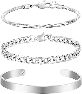 Men's Silver Bracelet, 3 Pieces Stainless Steel Bangle Men's Bracelet Jewellery Set…