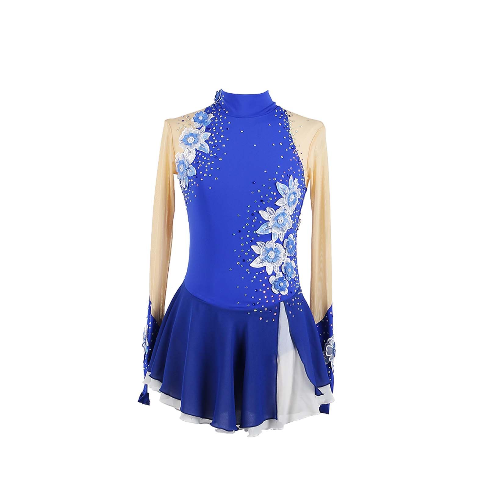 Vestito da Balletto per Bambina con Strass e Fiori, Abito da Pattinaggio Artistico a Maniche Lunghe