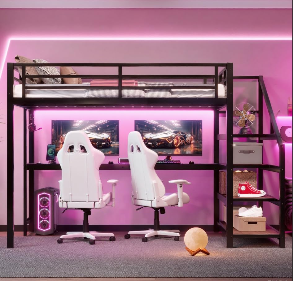 Image of Bellemave Full loft Bed with Storage Stairs, Shelves, Metal Loft Beds with LED Lights, USB Ports, Multifunctional Iron Nets for Adults, Kids, Teens, Black