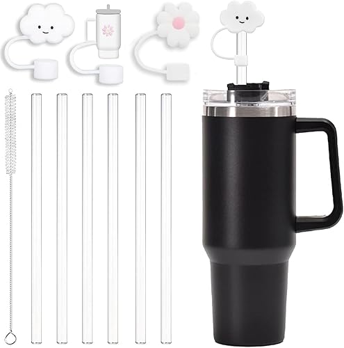 6 popotes transparentes de repuesto para vasos Stanley de 40 onzas y 30 onzas, 3 bonitas cubiertas de popote para vasos Stanley con 1 cepillo de