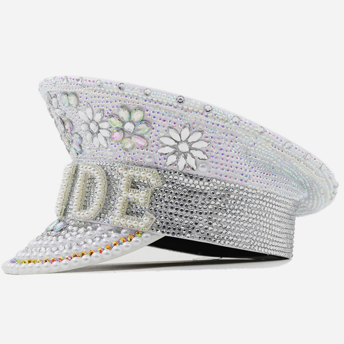 Ciieeo Sombrero de Novia Blanco Gemas de Imitación, Gorra de Capitán Ajustable para Despedida de Soltera y Bodas, Accesorio Elegante para Fiesta y Evento Nupcial
