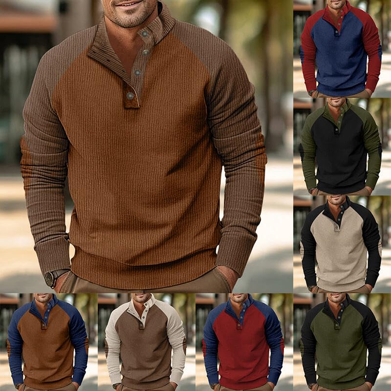 ZOCANIA Men's Sweatshirt Corduroy Henley Shirts Color Contrast Color Elbow Patches Pullovers Button Down Ribbed Tees Tops3