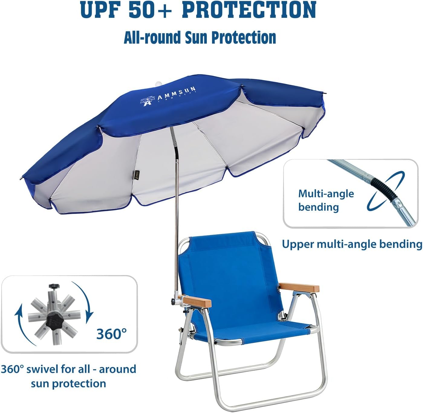 AMMSUN Chair Umbrella with Universal Clamp Adjustable 47 inches and 360° Swivel & UPF 50+ Protection Portable Sun Umbrella, Secure Clip on Camping/Beach Chairs, Stroller, Wheelchair, Golf cart, Lounger, Blue, Large-sized