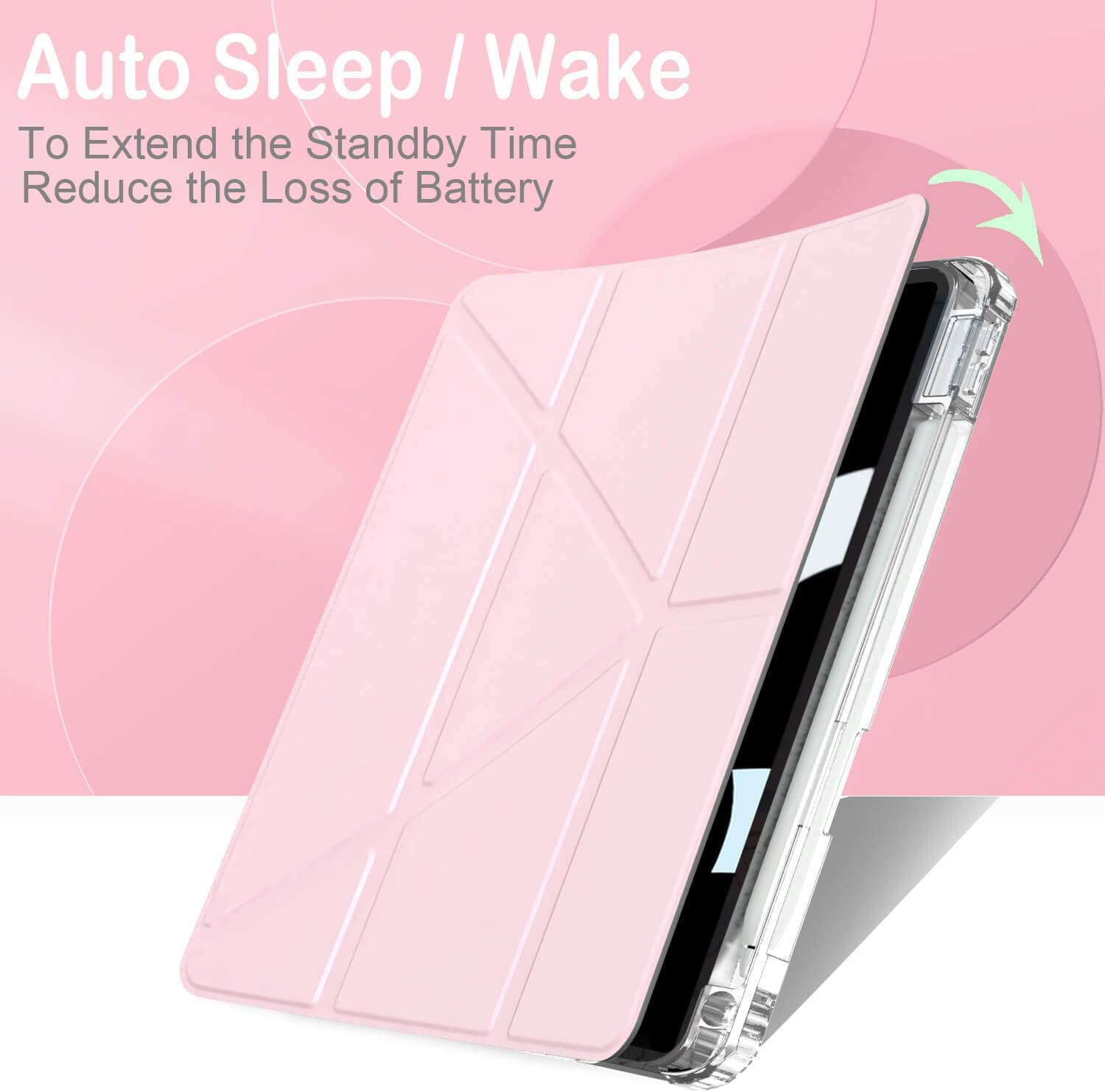 Feams Y Fold Case for iPad Air 11-inch M3 2025 / M2 2024, iPad Air 5th/4th Generation 2022/2020 10.9 Inch Y-Shaped Standing Case Clear Back with Landscape Portrait Mode Pencil Holder, Pink - Image 3