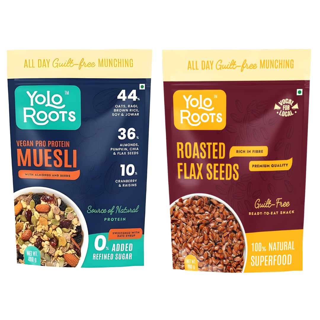 Yolo Roots Vegan Pro Protein Muesli 400g & Roasted Flax Seeds 200g Combo | 16g Plant Protein Multigrain Breakfast Cereal, No Added Sugar, Gluten Free & Omega-3 Superfood Seeds (Pack of 2)