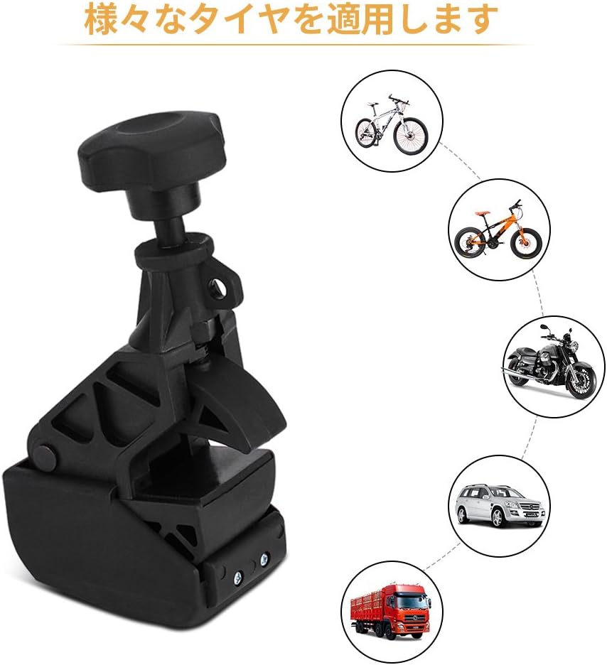 Diagram showing various vehicle types the clamp is applicable for, including bicycles, motorcycles, cars, and trucks.
