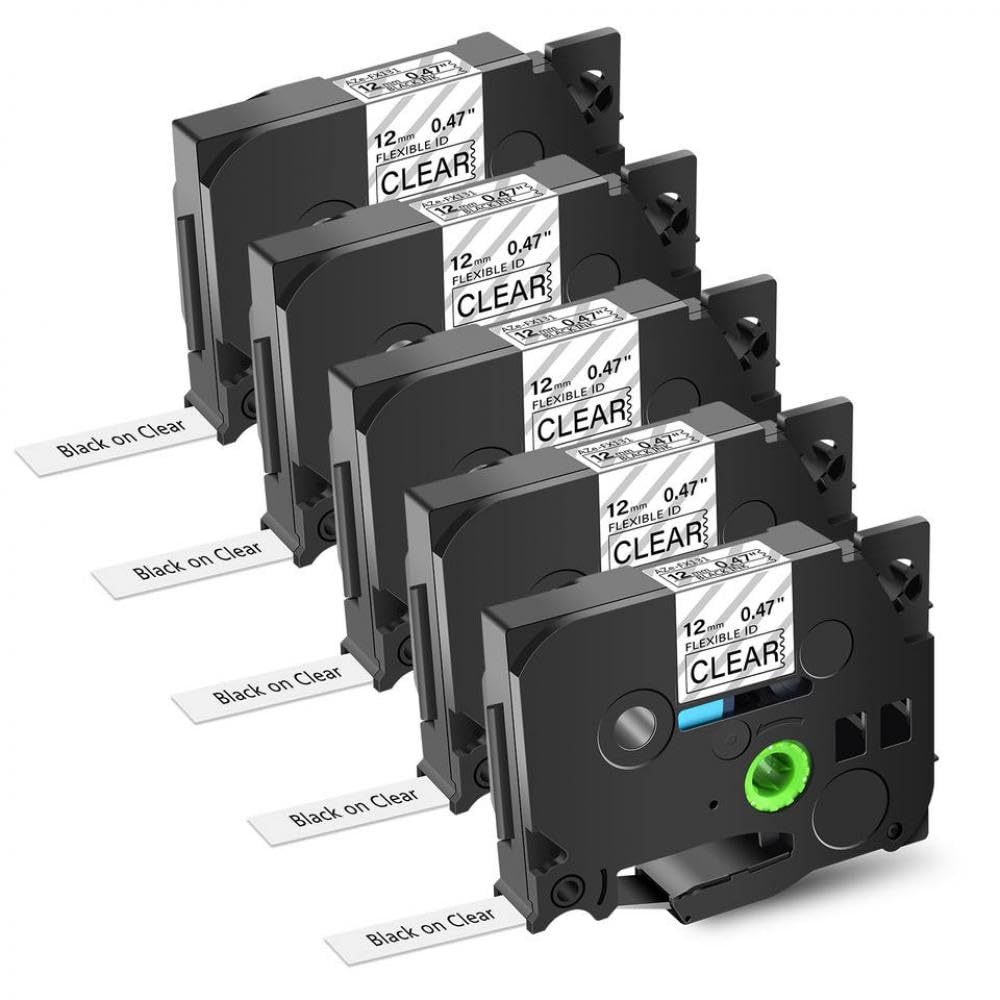 Nastro per etichette laminato ID flessibile 12 mm nero su trasparente compatibile con Tze-FX 131 e PT-1000