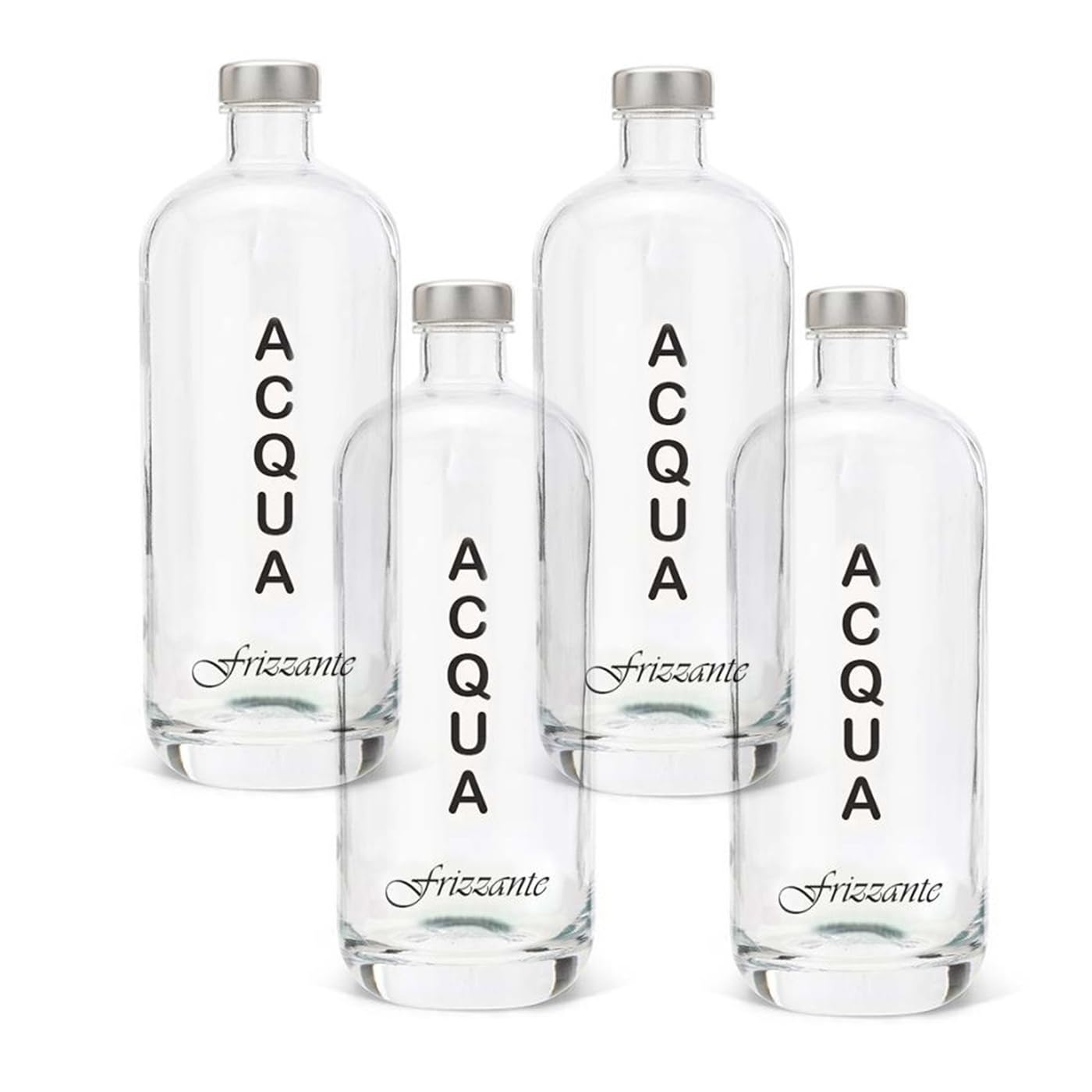 Set di 4 Bottiglie in Vetro Modello ARTEMIDE, 1 Litro, Serigrafia 4 Frizzante, Tappo a Vite colore Argento | Bottiglia Vetro Acqua