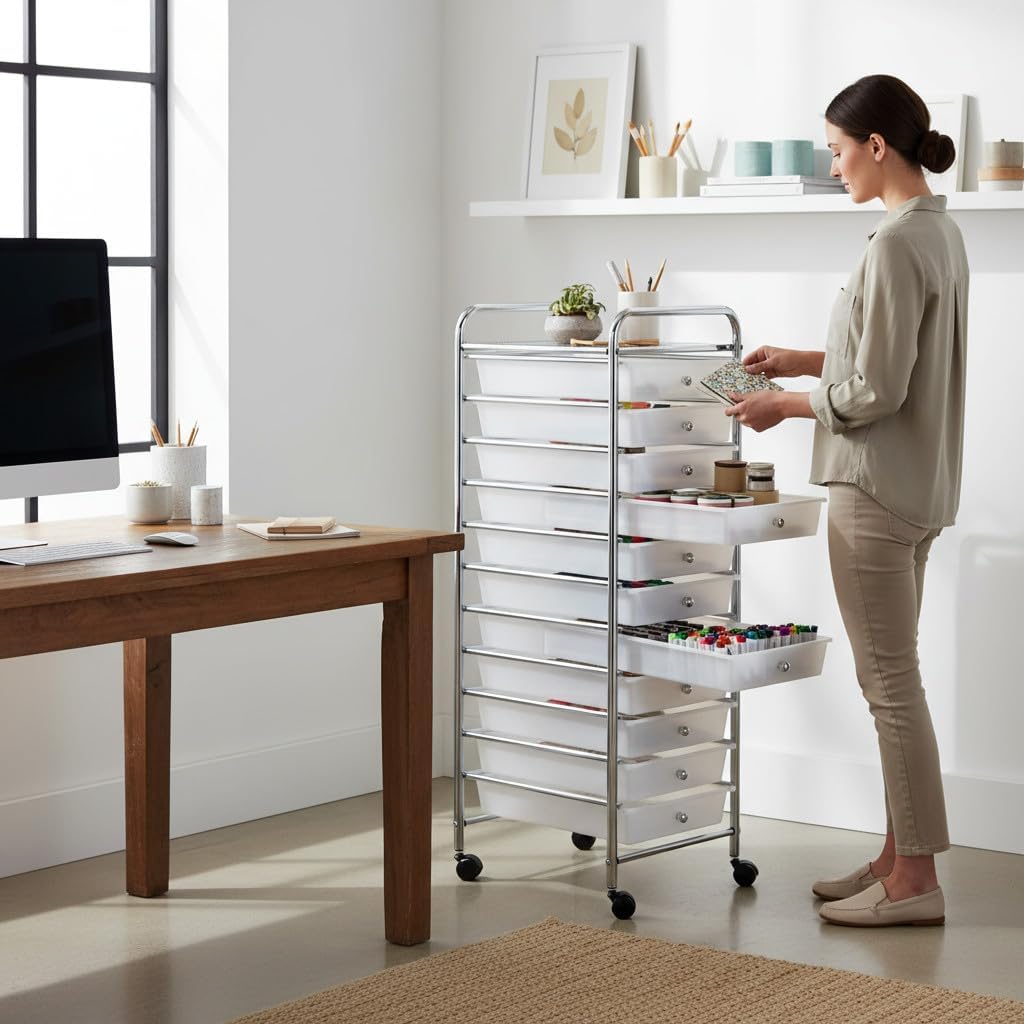 Plastic Storage Organizer Cart with 10 Drawers on Wheels, 15.5"L x 12.8"W x 38"H(Frosted White, 10-Drawer)