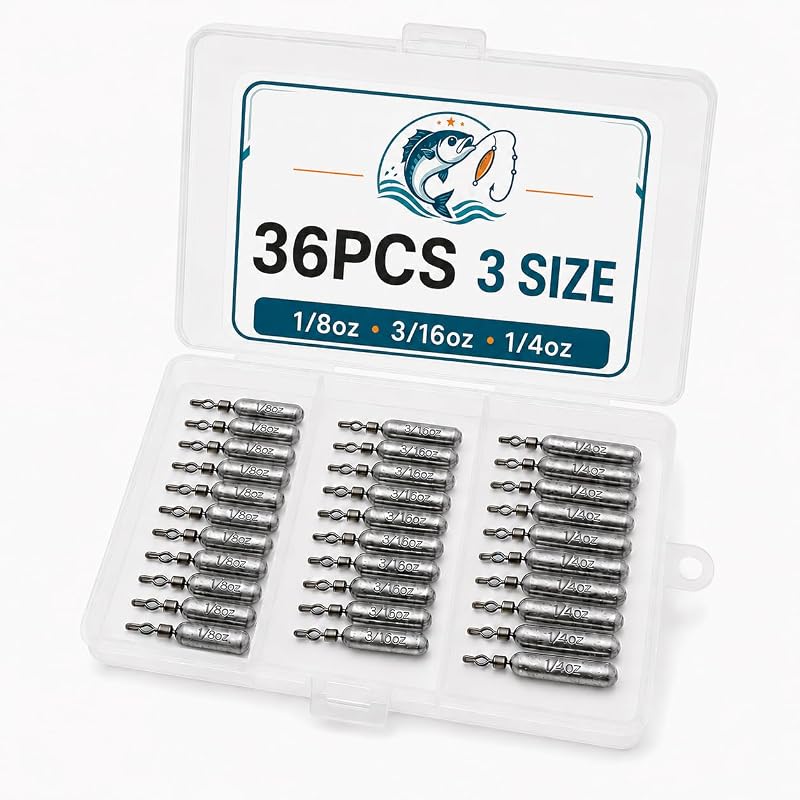 SANWEAL Drop Shot Weights, Pencil Fishing Sinkers 36/60PCS, 3/5 Sizes Kit | Barrel swivels help reduce line twist; skinny lead sinkers suit bass finesse rigs for shallow or deep freshwater fishing
