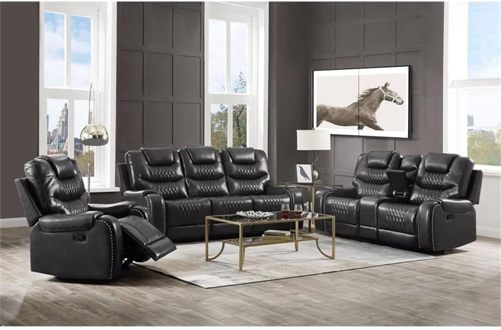 BOWERY HILL Contemporary Loveseat with Console, Magnetite PU Upholstery, 78" L x 38" D x 44" H, Diamond Tufted Cushions, Pillow Top Armrests, Reclining Motion, Storage Console with Cup Holders for