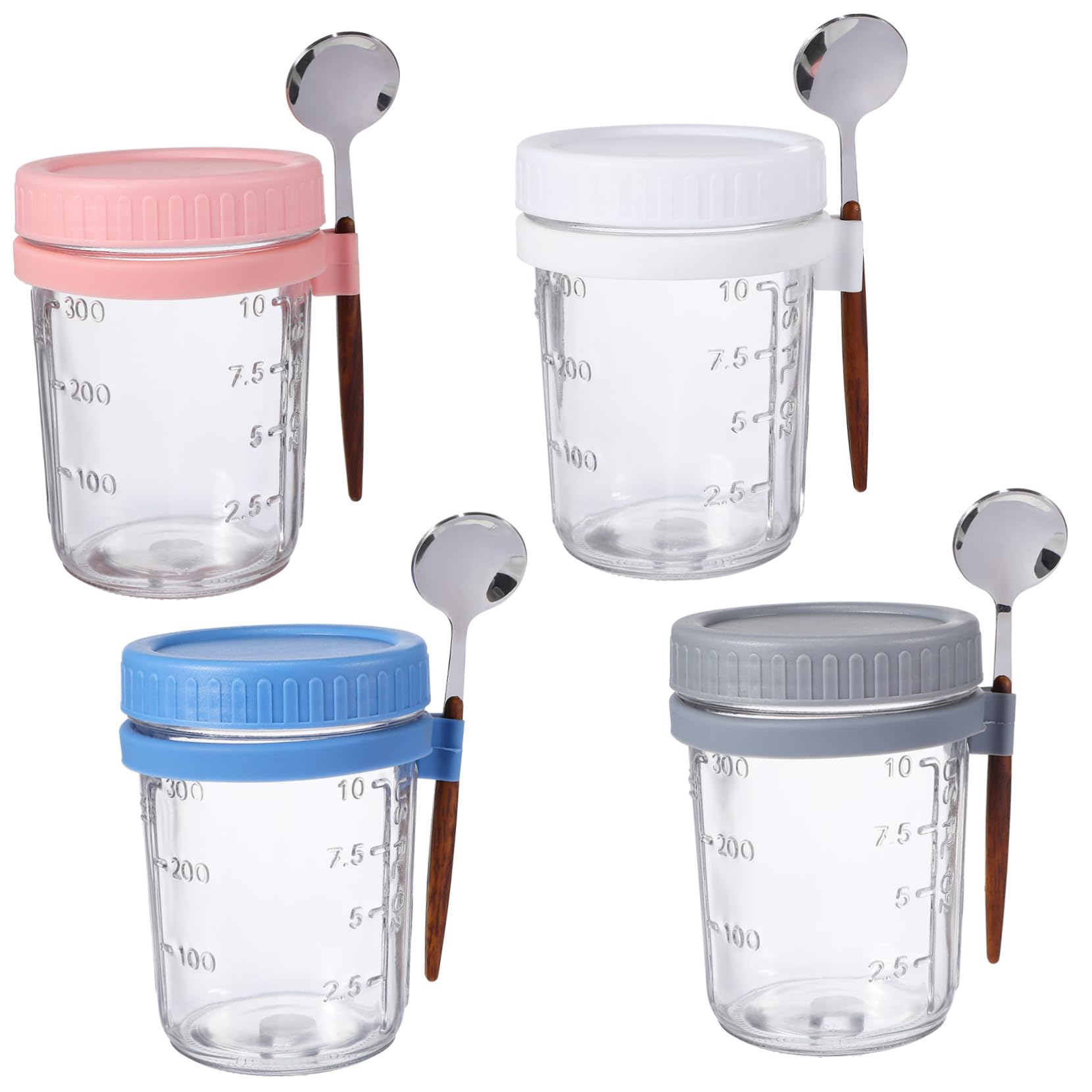 4 Stück Vorratsdose Glas mit Holzdeckel Auslaufsicher 400ml mit Löffeln für Overnight Oats Küche und Büro