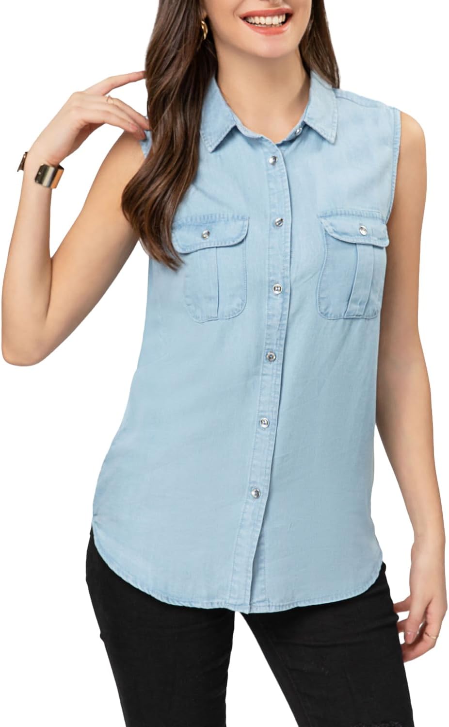 FASHIONSPARK Sleeveless Denim Tops for Women Button Down Denim Shirt Chambray Jean Tank Top Lightweight Blouses