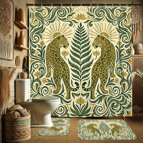 Rideau de douche étanche anti-éclaboussures 183x183 cm avec tapis vert et motifs plantes - 4