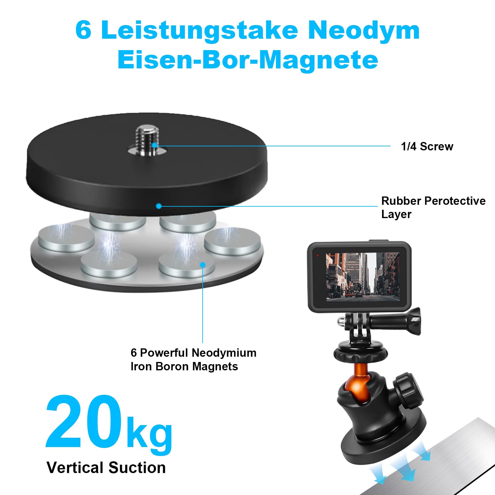 Soporte Magnético para Cámara, Soporte magnético Fuerte con 360 ° Cabeza de la Bola de rotación y una función de 6 imanes, Compatible con GoPro Hero 11/10/9, dji OSMO Acción, Insta360
