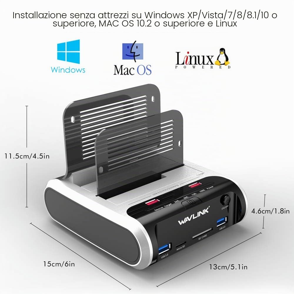 Stazione di aggancio del disco rigido, WAVLINK USB Hard Disk Enclosure funzione di clonazione offline per 2,5'' o 3,5'' SATA SSD HDD, supporta TF/SD card, non supporta M1/M2 chipset macbook