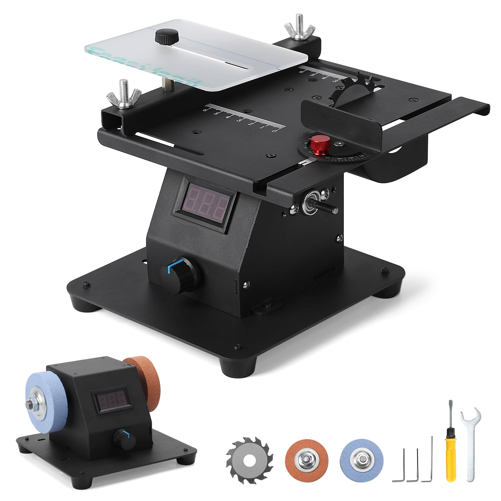 2 in1 Mini Table Saw with Dual Grinding Wheel Kit, 350W Infinite Speed Adjustable Table Saw for Crafts, Portable Precision 0.1-20mm Blade Height Adjustable, Aluminum(B)