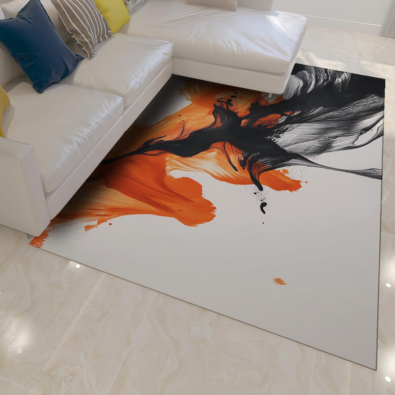 Waschbarer Teppich 80x150 Bereichsteppiche weich Kunstwolle für Wohnzimmer Schlafzimmer Esszimmer rutschfest faltbar Innen für Wohnkultur modern Aquarell Kunst Bodenmatte Schwarz Orange
