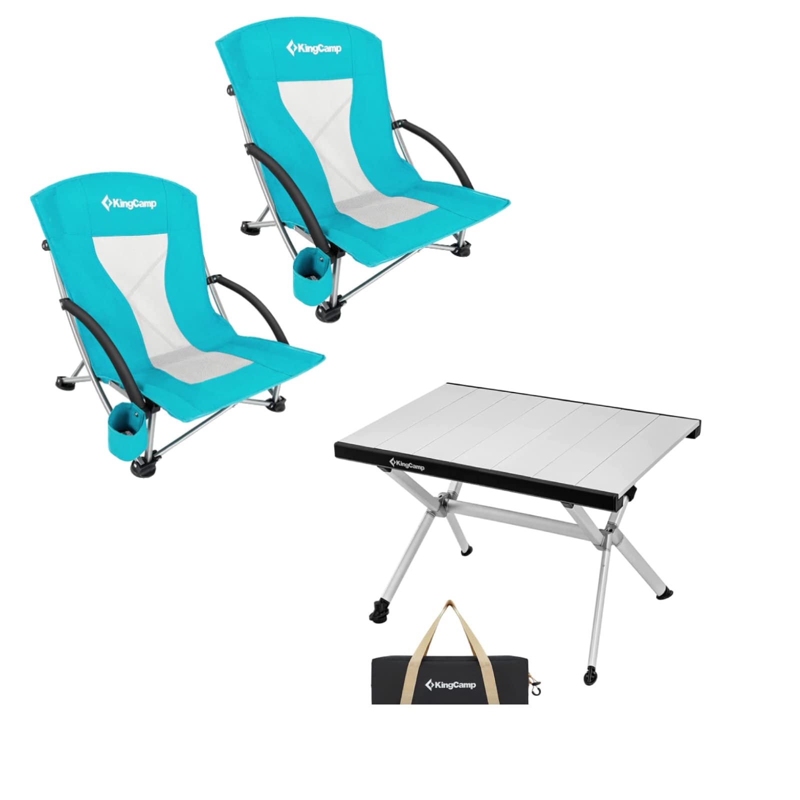 KingCamp Low Sling Beach Chairs,Folding Low/High Mesh Reclining Back Low Seat Beach Chair with Small Portable Camping Table for Beach Picnic