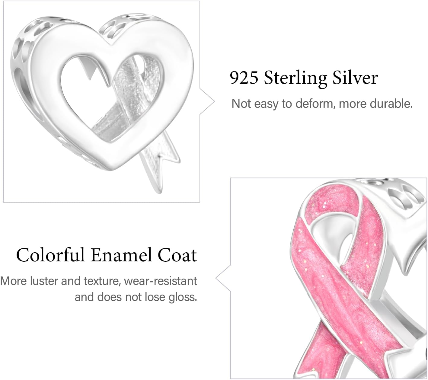 GNOCE Breast Cancer Awareness Pink Ribbon Heart Charm Sterling Silver Bead Charm Fit Bracelet/Necklace for Women Wife/Jewelry Gift - Image 6