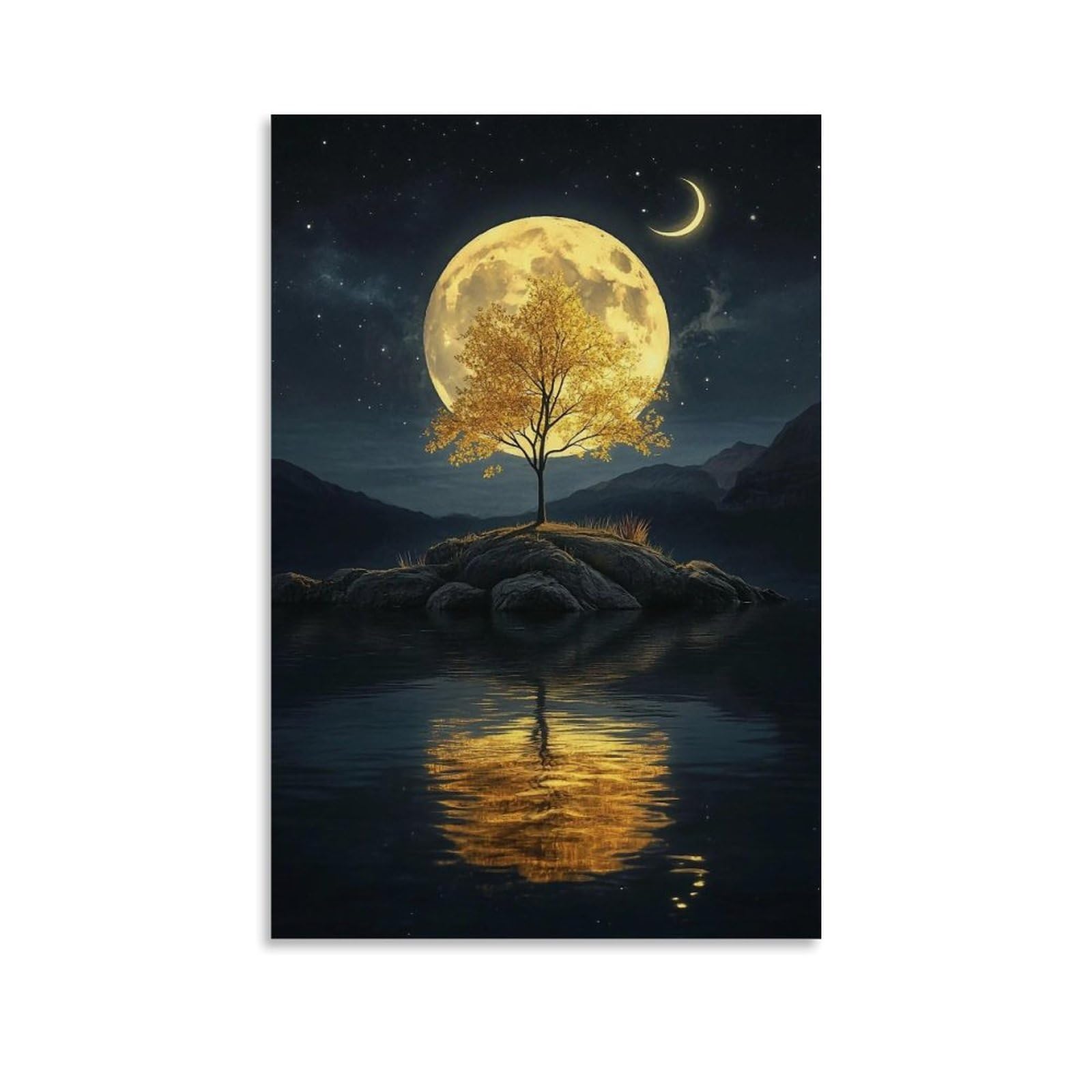 HUERYRYHY Tree Between Two Moons 01 Poster Wall Art Canvas Vintage Aesthetic Painting Decor for Rooms 24x36inch Unframe-style