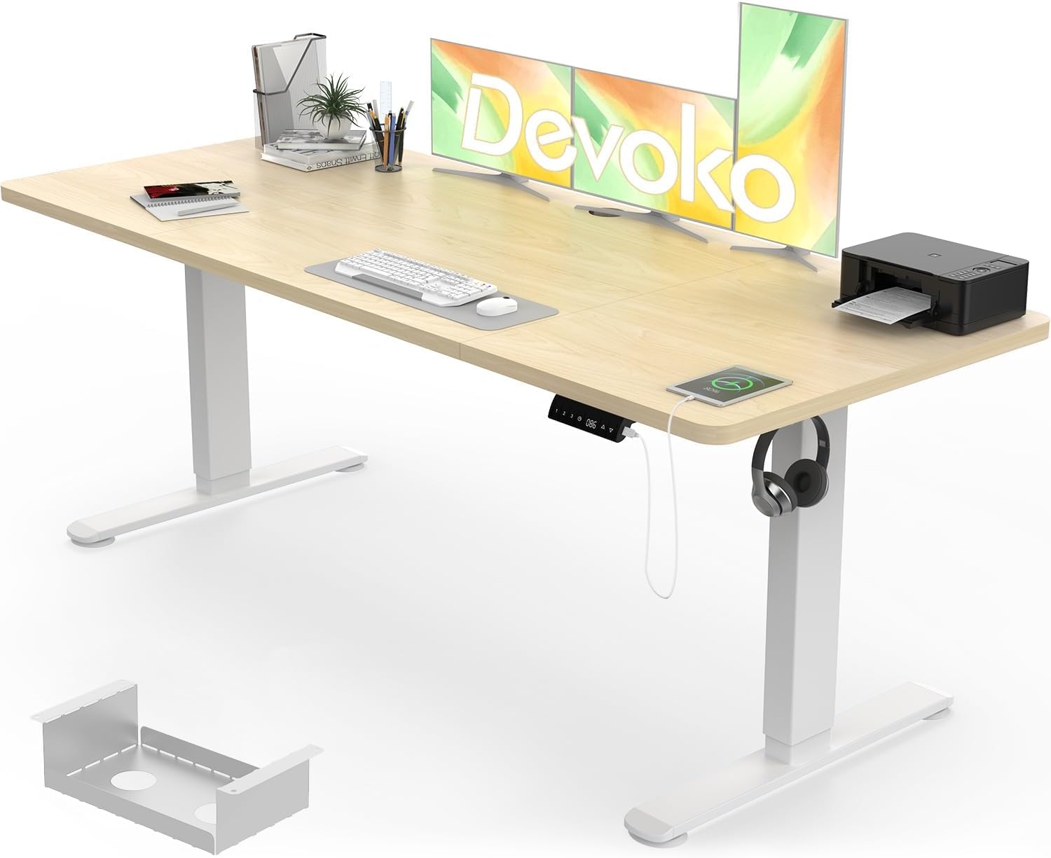 Devoko Electric Standing Desk 180x80cm, 18mm Thick Tabletop, Sit-Stand Height Adjustable with Sedentary Reminder, USB Charging Port, 3 Memory Smart Panel, Heavy-Duty Steel Frame (Beige)