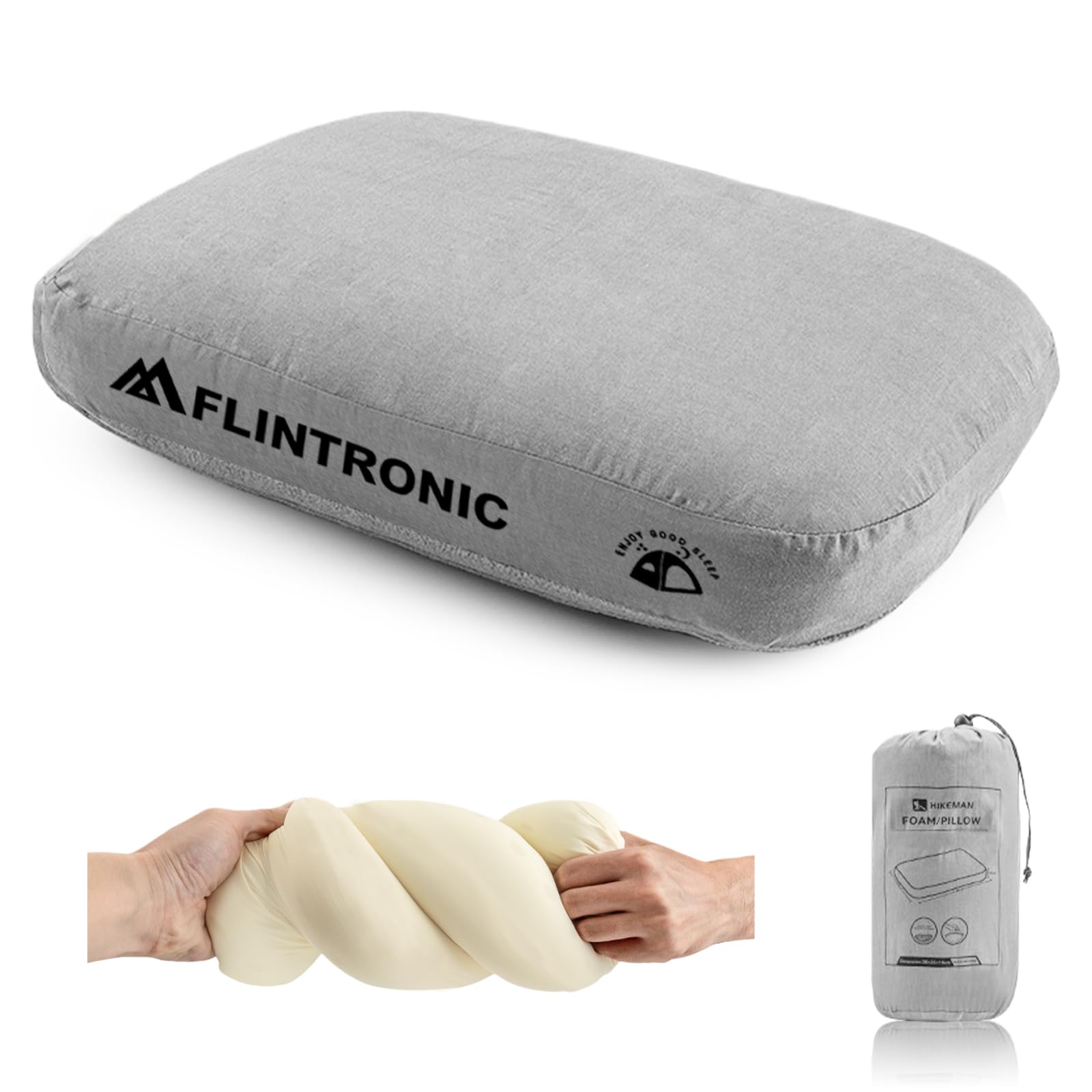flintronic Poduszka kempingowa, poduszka z pianki z pamięcią kształtu, ze zdejmowaną poszewką, ultralekka poduszka podróżna, podparcie szyi, wygodna, ergonomiczna, na kemping, do biura, samochodu, na