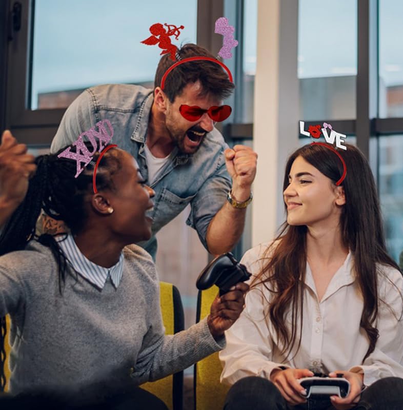 Miniatura 5 de fjygwx13 Diadema de corazón para el día de San Valentín con lentes de sol de corazón rojo Cupido Heart Head Boppers para fiesta de cumpleaños