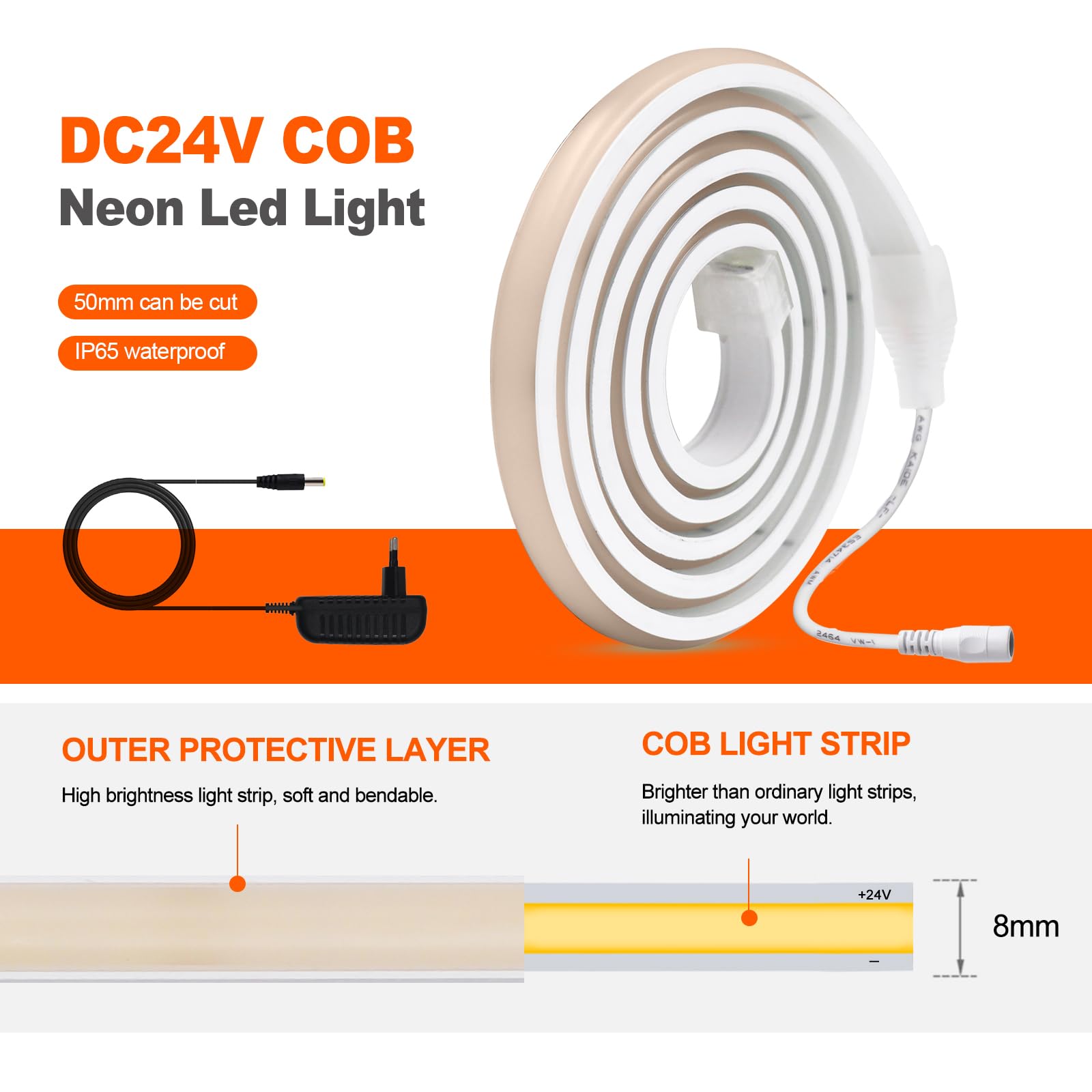 KISUFU 12V COB LED Ribbon, 320LEDs/m Light IP65 Waterproof Neon LED Strip Light mit AC Adapter for Living Room Bedroom - Image 3