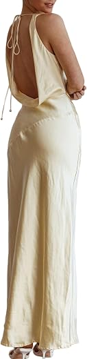Cowl Neck Satin Maxi Dress Sleeveless Backless Wedding Guest Dress Halter Silk Dress Tie Back Formal Dresses for Women